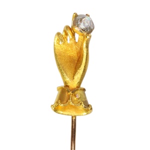Romantic Victorian Gold Stickpin with Sculpted Hand Holding a Rose Cut Diamond